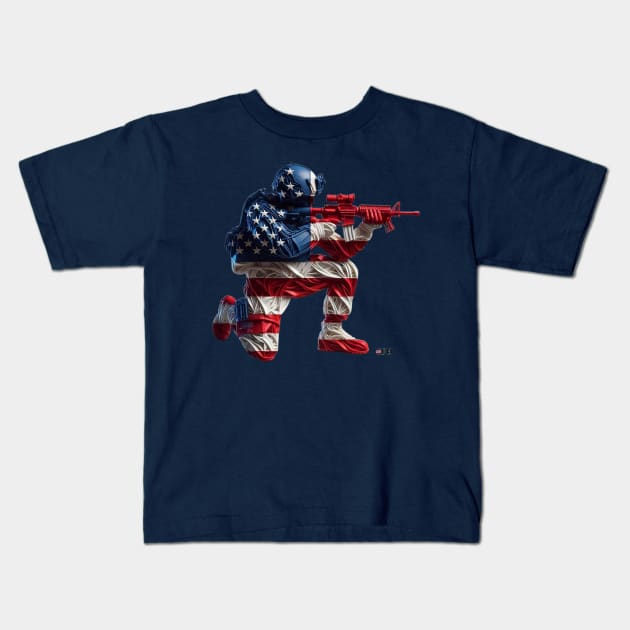 American Military Soldier and USA Flag by focusln Kids T-Shirt by Darn Doggie Club by focusln